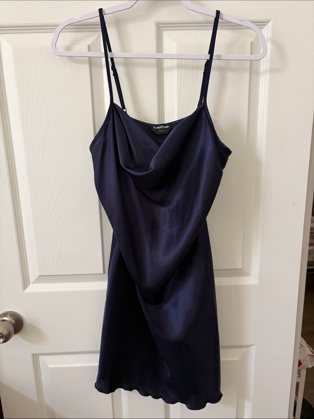 bebe Navy Satin Cowl Neck Mini Dress